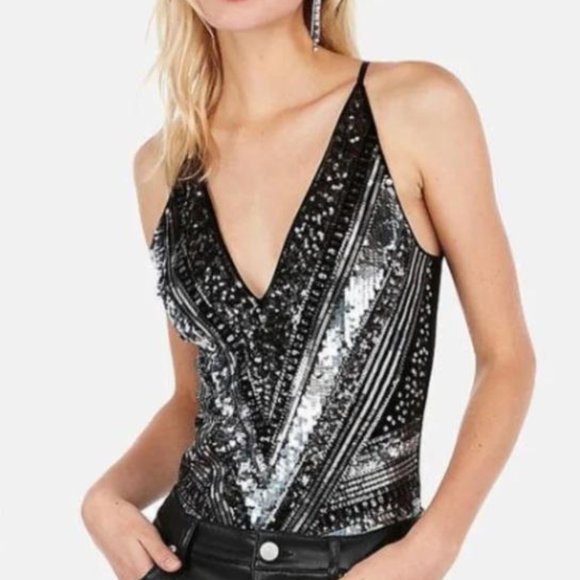 Express Black and Silver Sequin Bodysuit - Picture 1 of 11